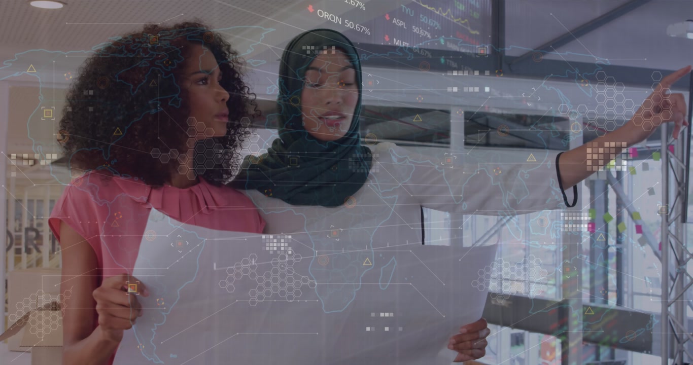 Animation of financial data processing over diverse business people