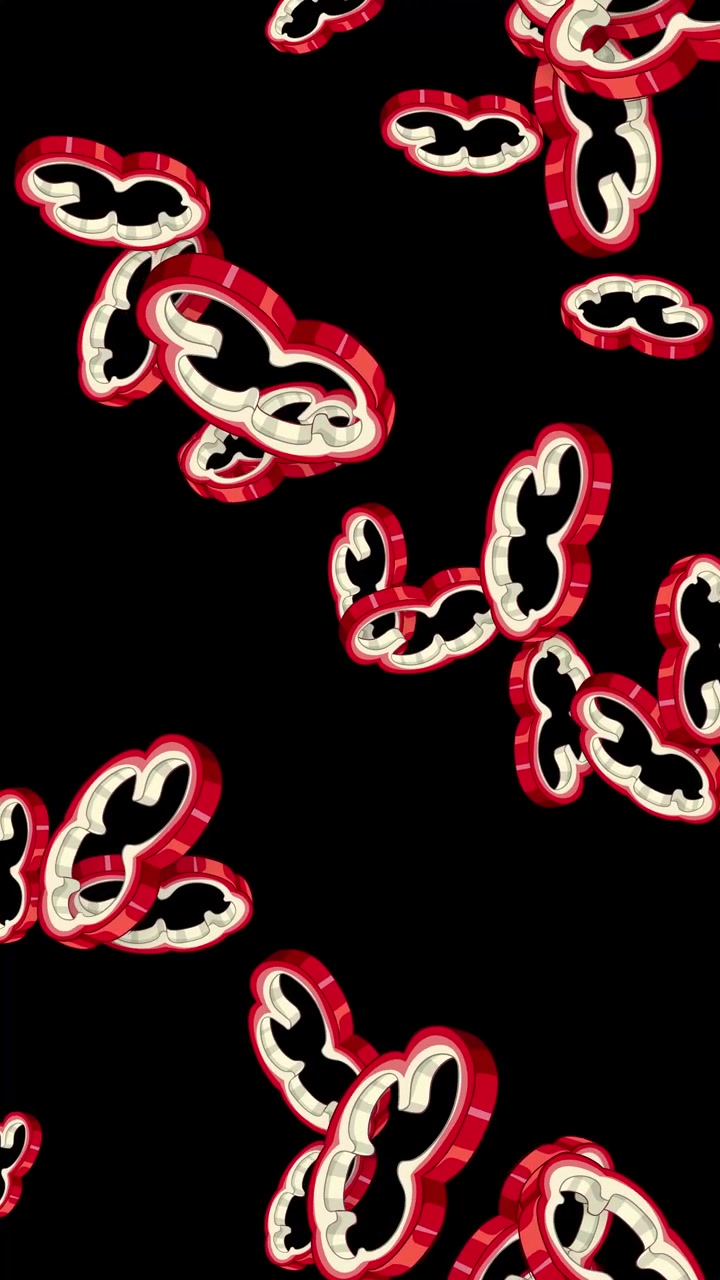 Fette stilizzate di peperone rosso cadono e ruotano attraverso l'inquadratura su sfondo nero.