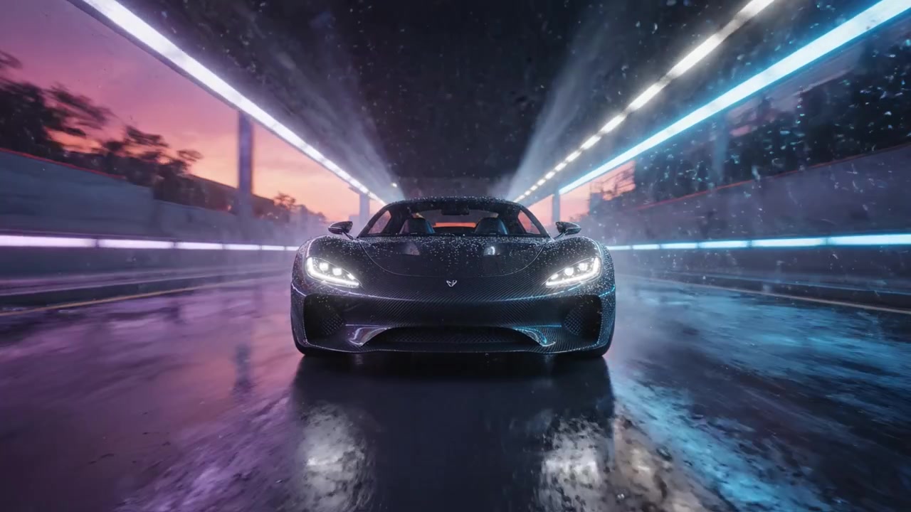 Un'elegante auto sportiva nera con luci vivaci in un ambiente urbano bagnato dalla pioggia, che mostra angoli e riflessi drammatici, sfrecciando attraverso un tunnel colorato di notte.