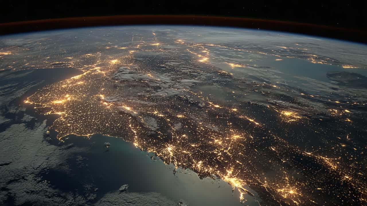 Splendida vista aerea della Terra di notte che cattura le luci scintillanti della città e i paesaggi naturali in una prospettiva mozzafiato dallo spazio.