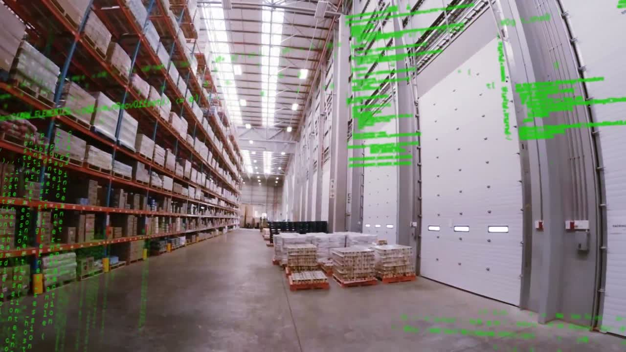 animación del procesamiento de datos en un almacén vacío