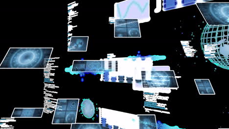 Animation of round scanners and data processing against black background