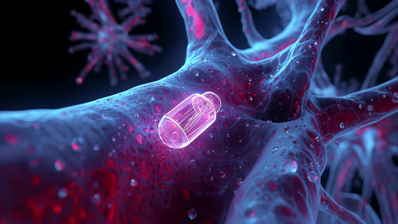 Capsula rosa luminosa che scivola lungo un ramo neuritico mentre la telecamera la segue, mostrando goccioline.