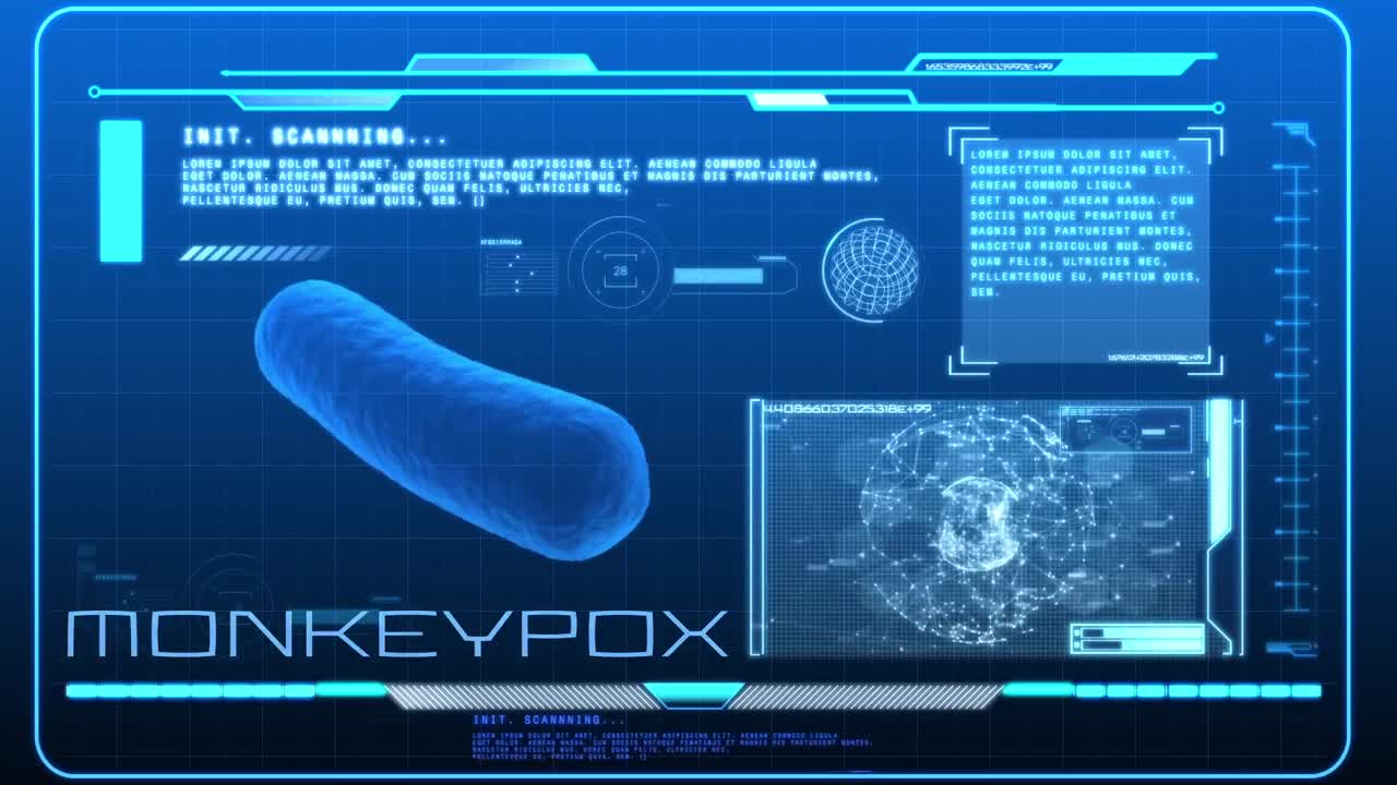 animación de texto de viruela del mono y procesamiento de datos sobre fondo azul