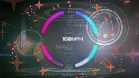 animación de escaneo de alcance y estrellas sobre el procesamiento de datos de cadena de adn en fondo negro