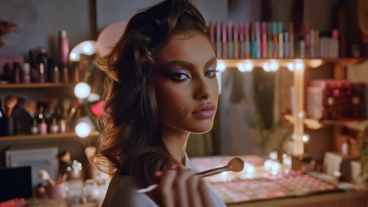 A woman with dramatic purple eyeshadow holding a makeup brush in a vanity setting