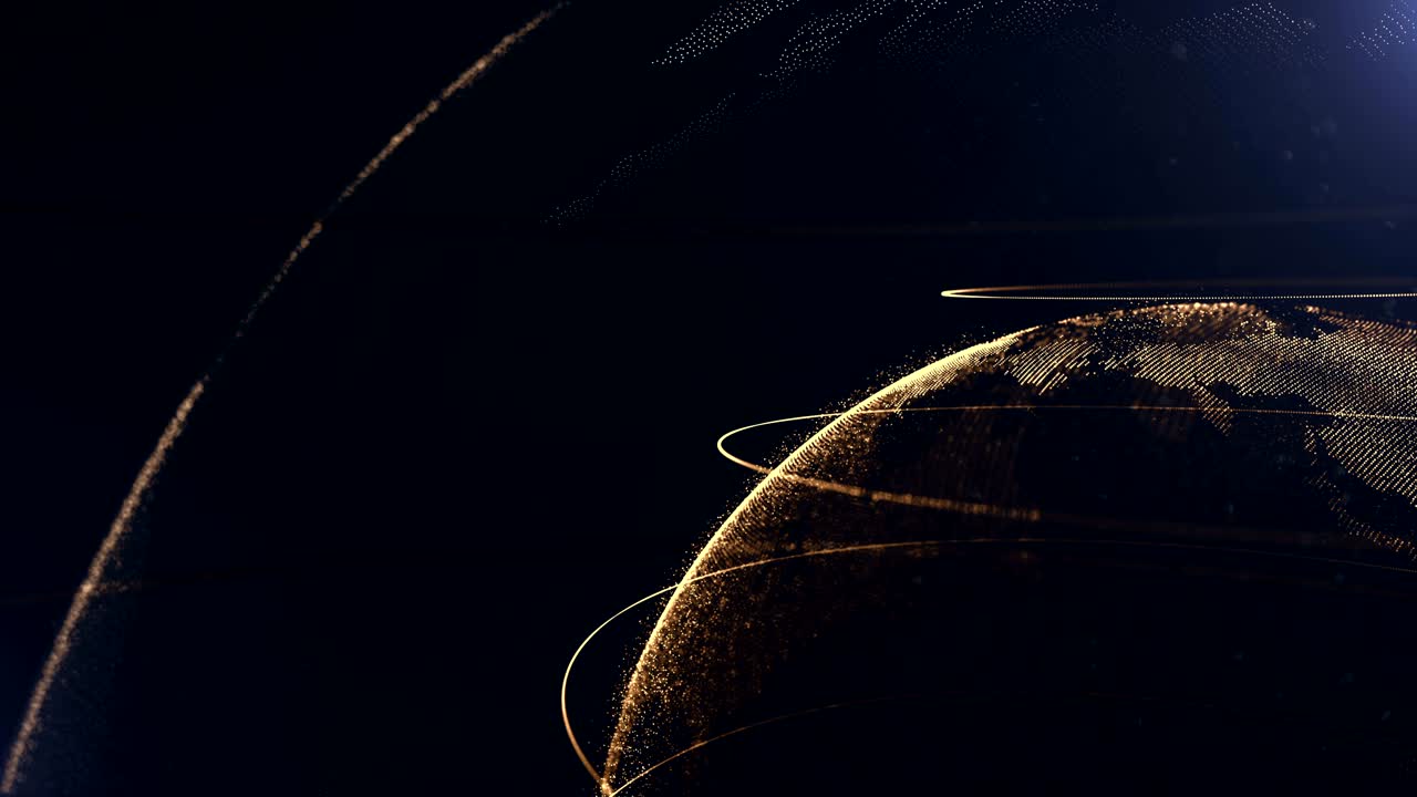 추상적인 구. 선으로 연결된 황금 점. 세계화 인터페이스. 점 축적. 근접. 행성이 절단되고 오른쪽 모이에서 움직입니다.