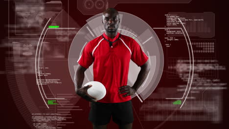 animation of african american male rugby player with ball over digital data processing on screen