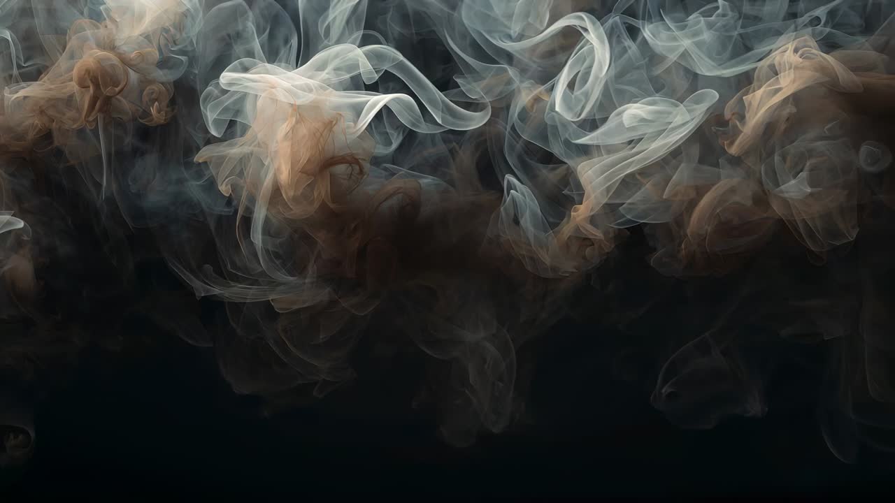 Emanating beige grey smoke ribbons drifting center in dark studio, merging into white plume