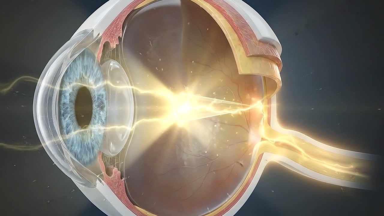 Sezione trasversale dell'occhio umano che mostra retina, cristallino e nervo ottico in vista frontale