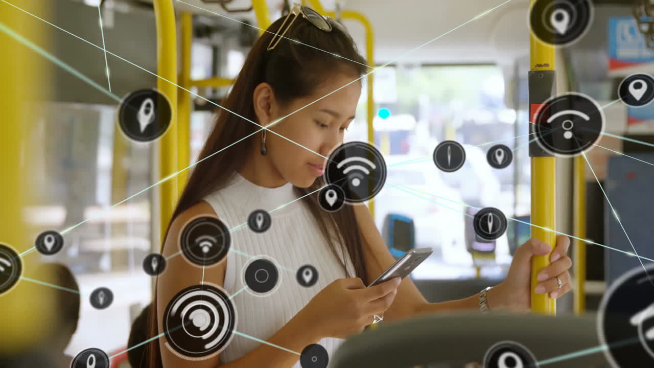 female commuter using smartphone inside city tram, showing animated Wi?Fi and location graphics