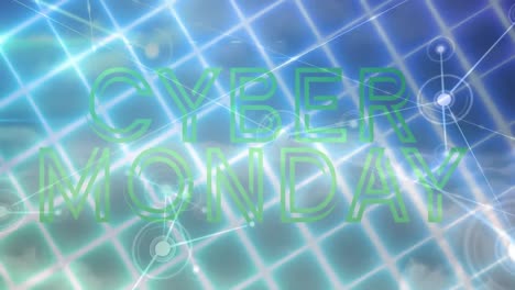 animation of cyber monday text and network of connections over neon grid