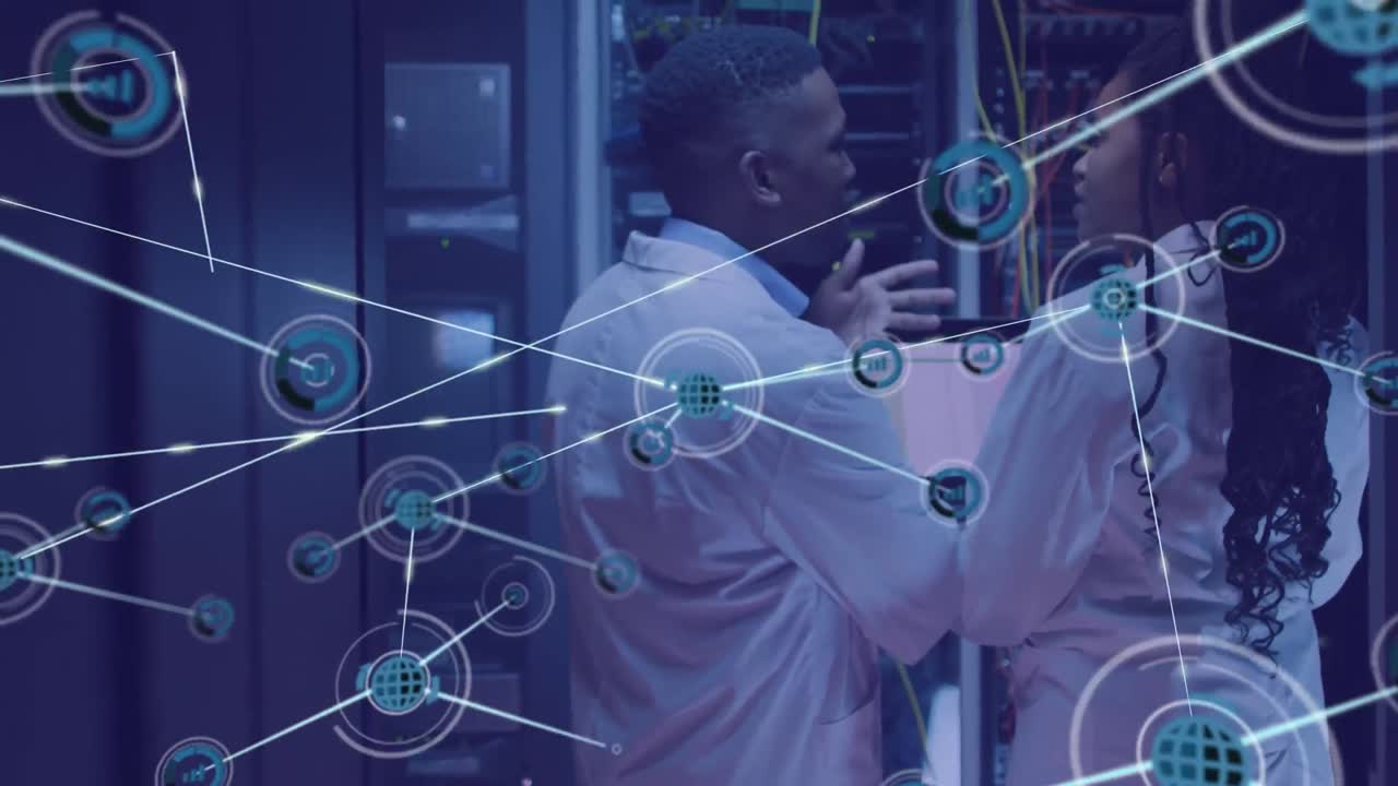 Animation of network of connections over african american coworkers in server room