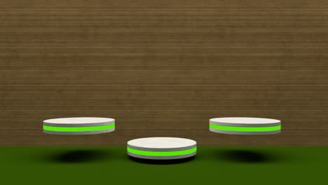 marble product stand futuristic or podium pedestal on empty display growing flashing light with wooden backdrops. 3d rendering. seamless loop.