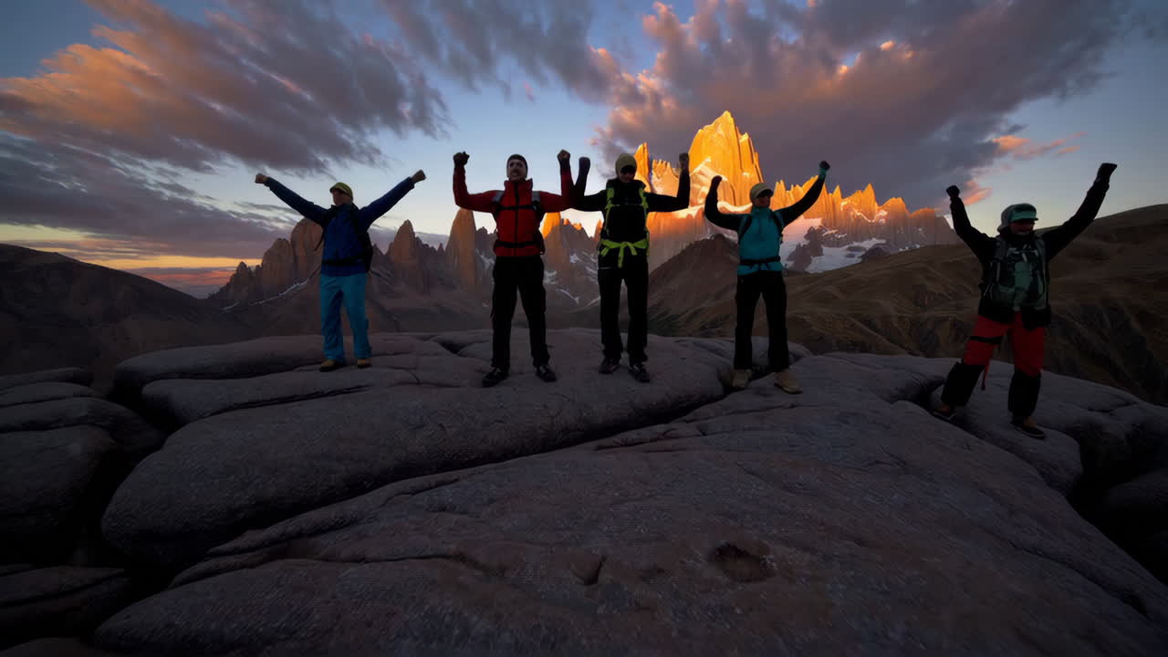 Climbers Celebrating a Summit at Sunrise in the Fitz Roy Mountains