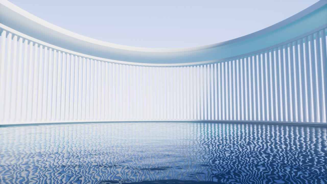 물 표면이 있는 빈 방, 3d 렌더링