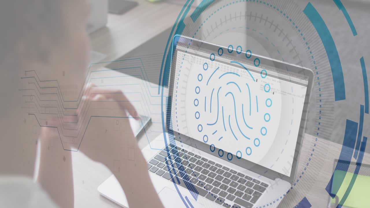 Woman touching pad, fingerprint HUD pulsing and expanding on laptop, unlocking laptop for security