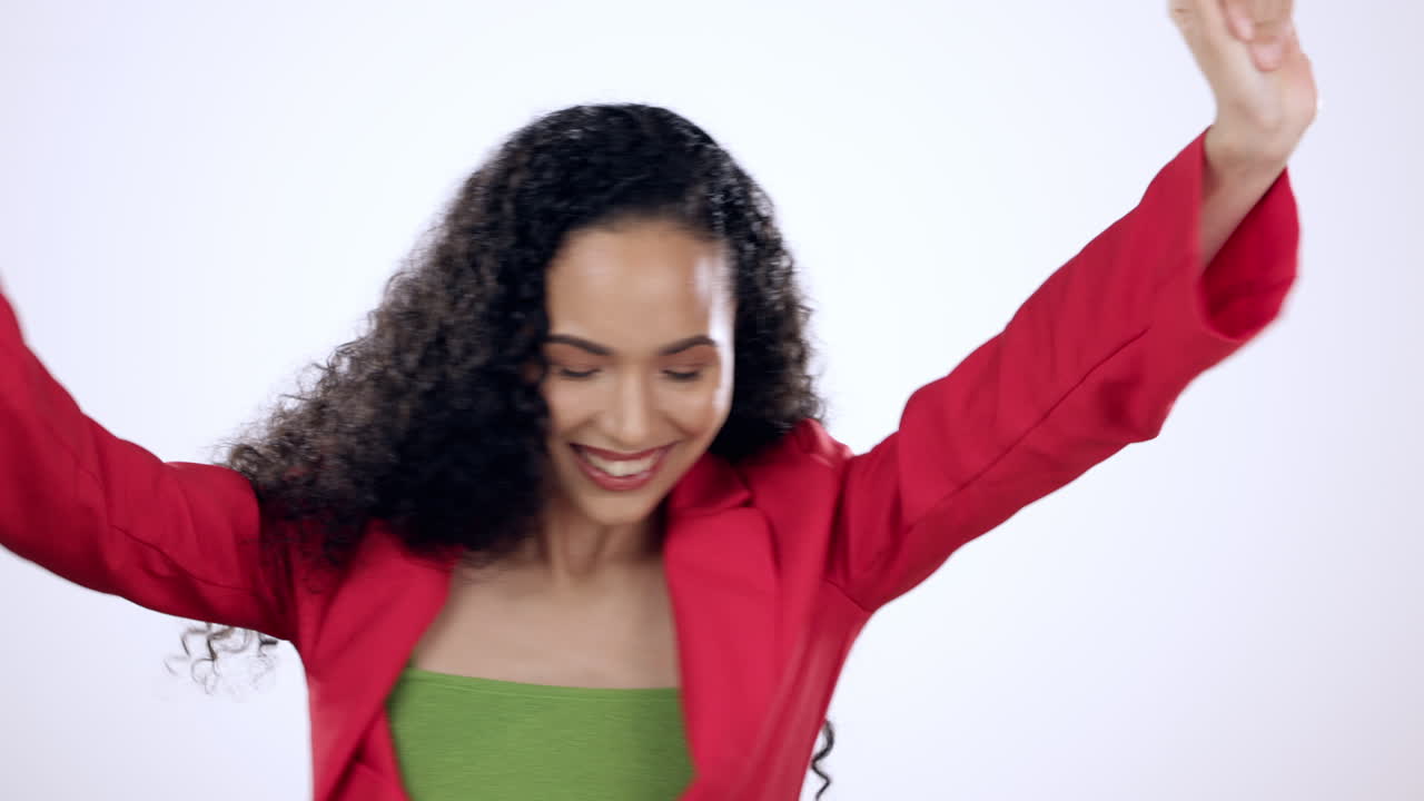 Dance, happy and young woman in studio with music
