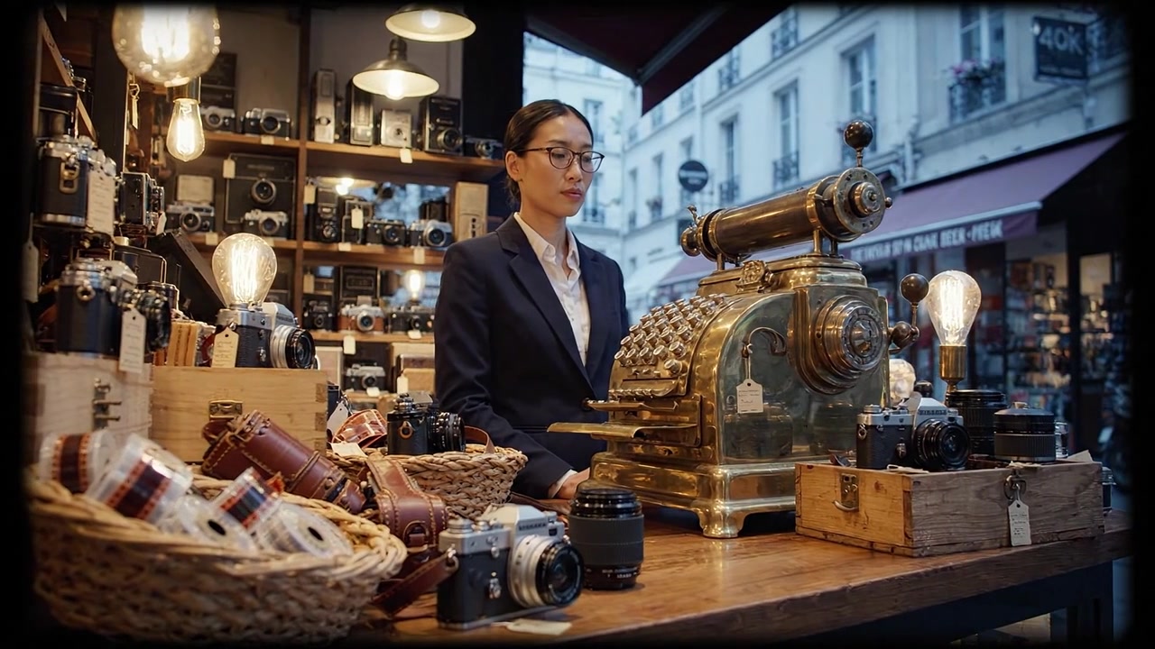 Una donna elegante in un negozio vintage, circondata da macchine fotografiche antiche e un'unica cassa di ottone, che cattura momenti nostalgici in un'atmosfera affascinante.