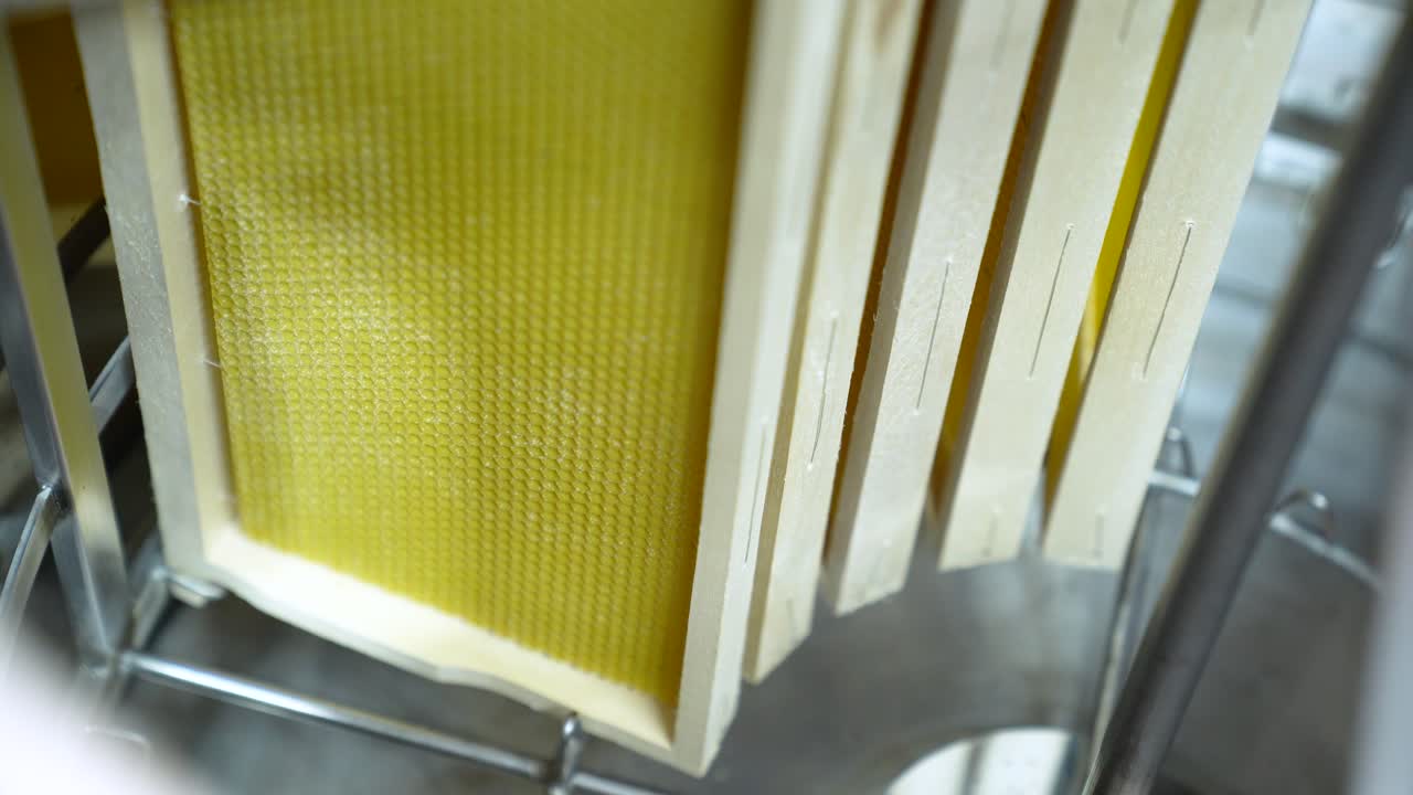 Wooden Hive Frame With Plastic Foundation Inside The Honey Extractor Machine. - closeup shot