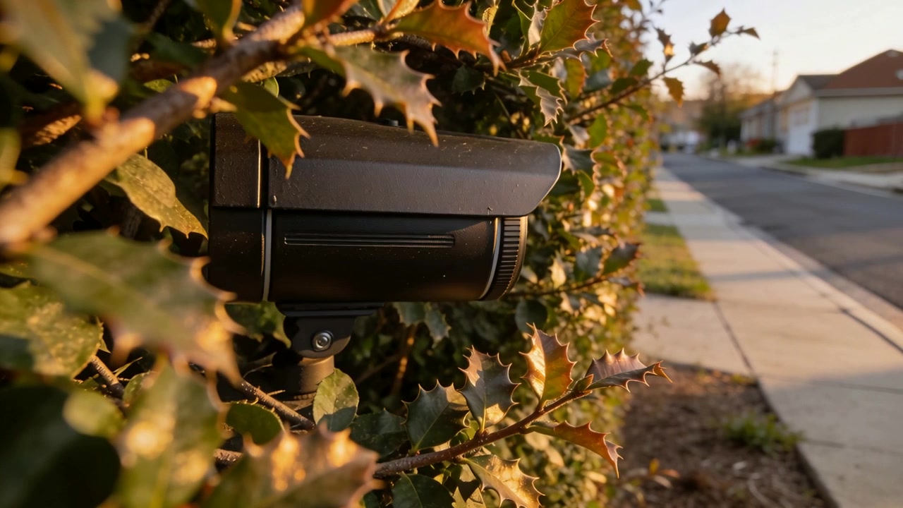 Vista panoramica che rivela una telecamera di sicurezza con il supporto nascosto in una siepe al bordo del marciapiede, la luce solare ne mostra il profilo.