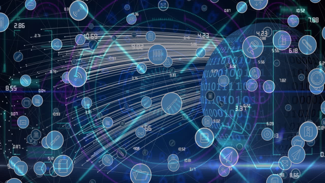 전 세계 연결, 아이콘 및 데이터 처리 네트워크의 애니메이션