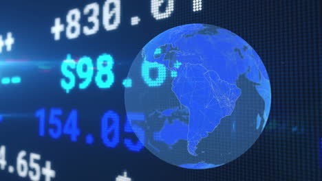 animation of stock exchange financial data processing over blue globe