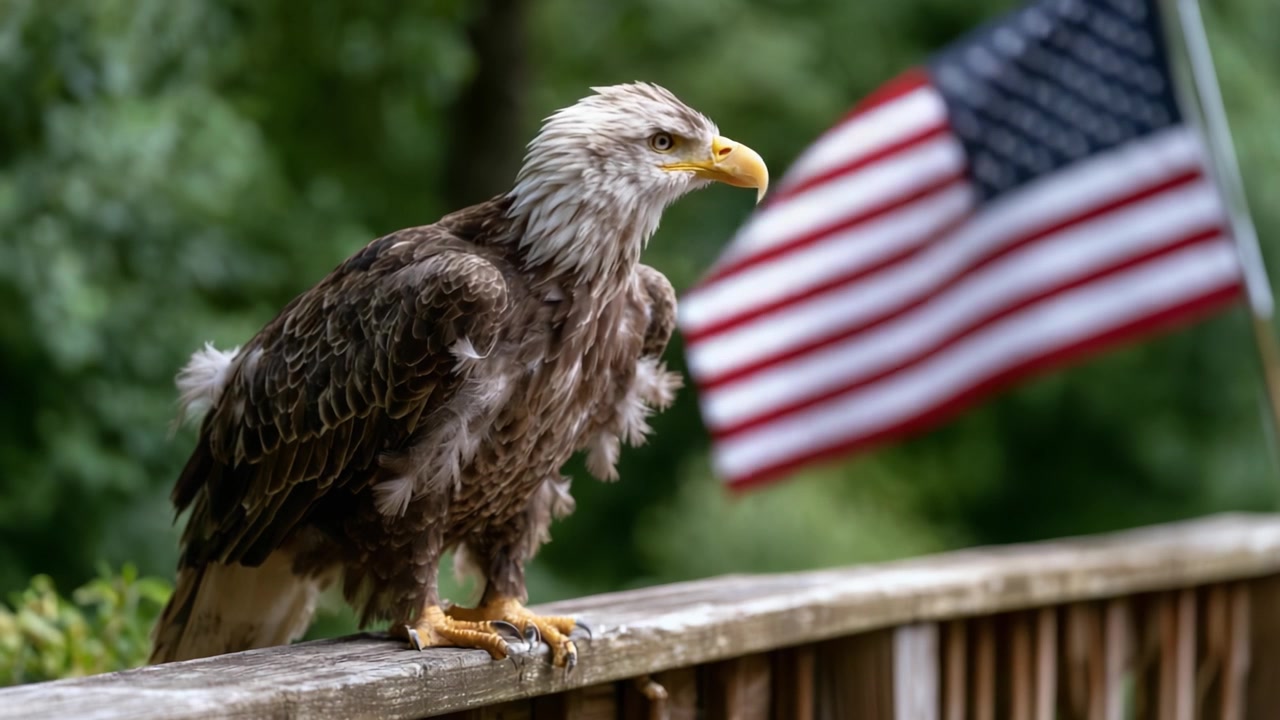Majestætisk Ørn Siddende på et Trægelænder, Indrammet mod Baggrunden af et Vajende Amerikansk Flag, der Symboliserer Styrke og Frihed i Naturens Favn