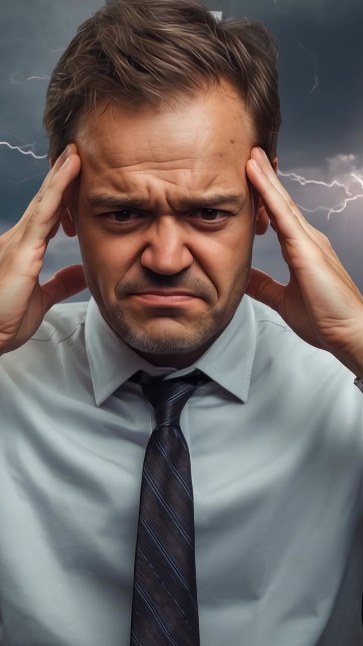 Vertical video: Reacting to storm, man in shirt-tie holding temples, bowing head in office, ceiling