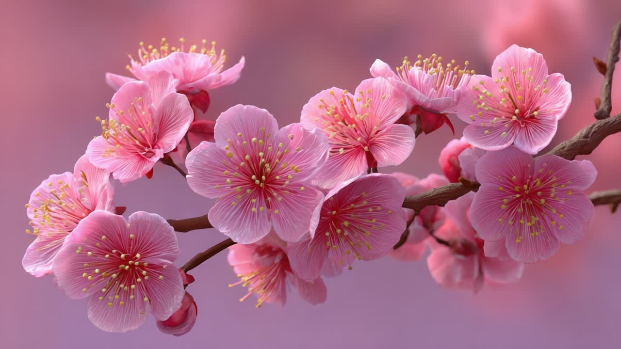 Uno splendido spettacolo di delicati fiori di ciliegio rosa su un ramo, che mostrano i loro petali intricati e i vibranti stami gialli su uno sfondo rosa tenue.