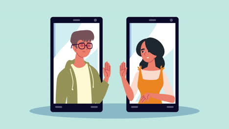 young couple in smartphones animation