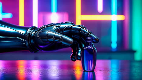 robotic hand reaching for a glowing vial in a neon environment
