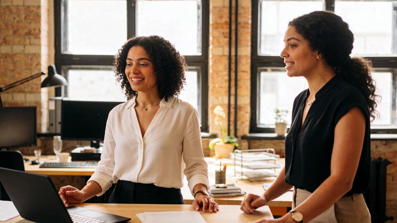 Placing left hand, left coworker in business attire starting discussion in loft, reviewing laptop