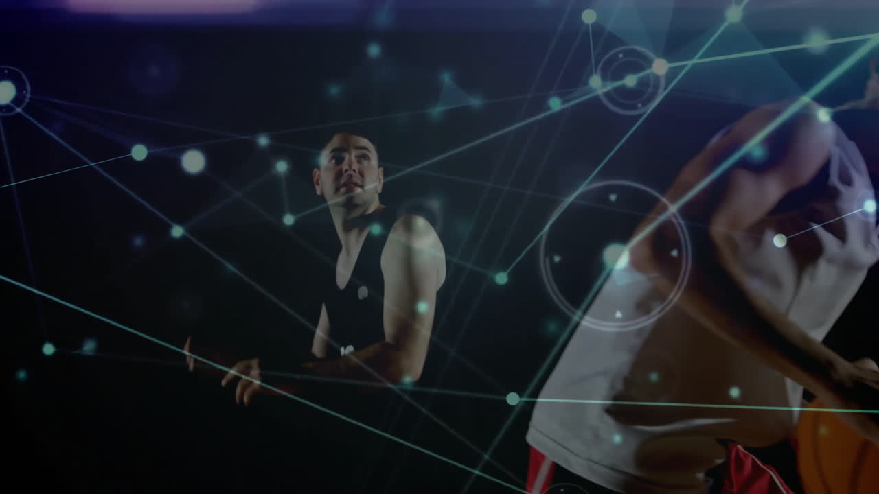 코트에서 농구 선수에 대한 네트워크 연결 및 데이터 포인트 애니메이션