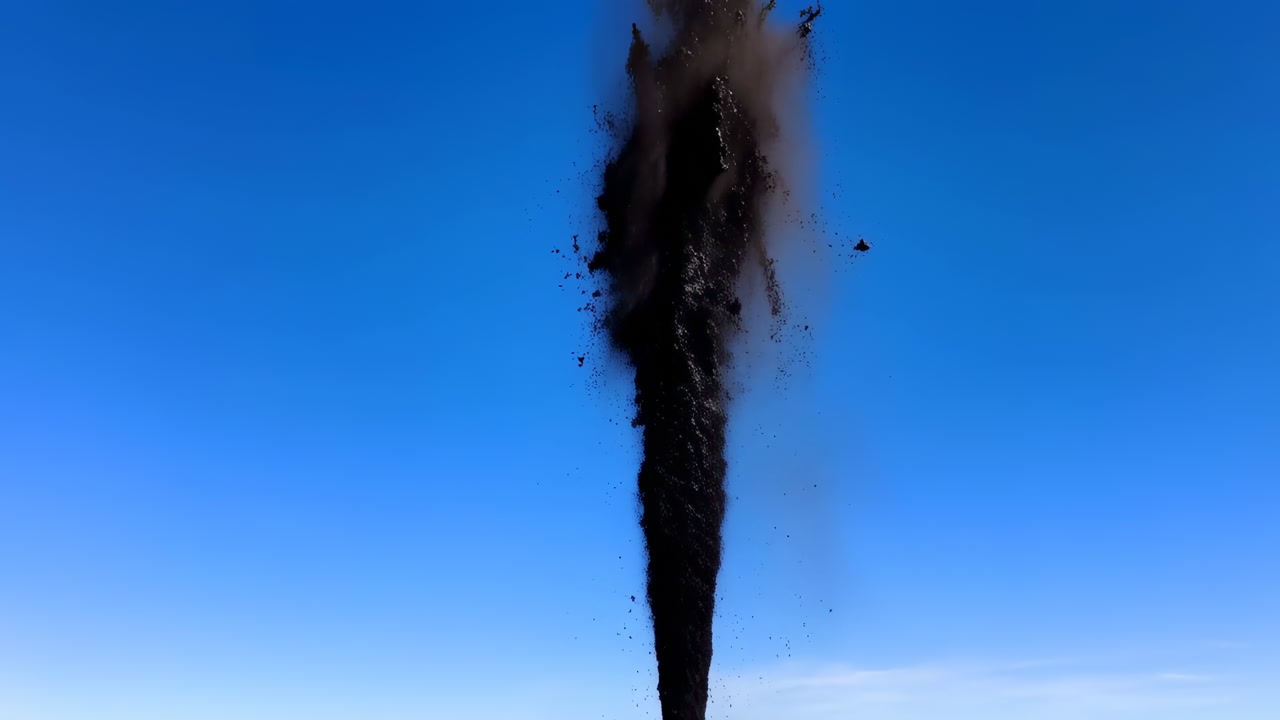 Black Dust Plume Shoots Into Sky From Ground Vent During Field Test, Geotechnician Monitoring, Safety Crew