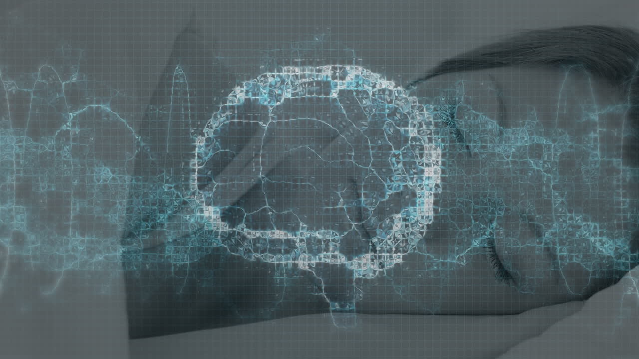 animación de cadena de adn y cerebro sobre mujer caucásica durmiendo