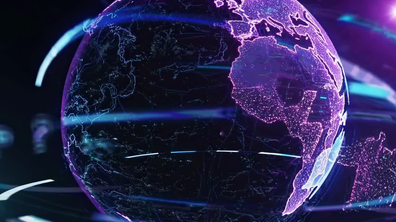 Futuristic video concept of a glowing digital Earth with neon lines, captured from a high-angle