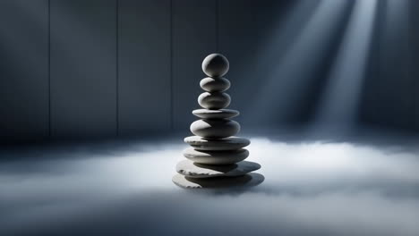 zen stone stack in misty light