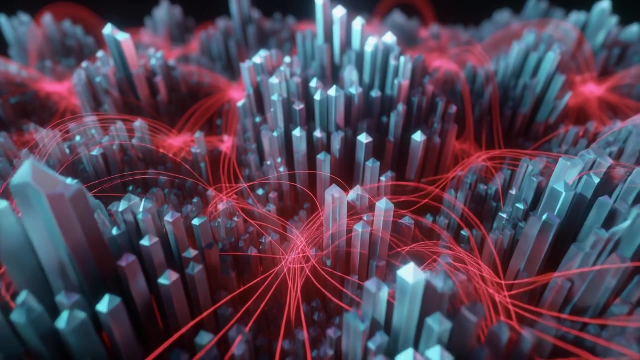 Abstract Digital Network with Glowing Red Data Streams and Geometric Pillars