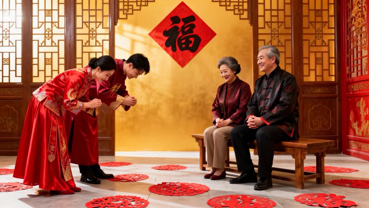 Pareja vestida de rojo saludando a ancianos con chaquetas oscuras sentados en un banco de madera con un telón de fondo dorado