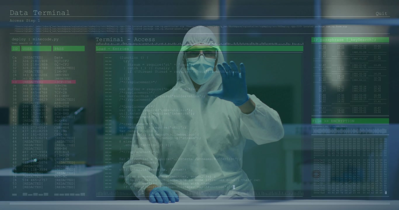 Lab technician placing gloved hands on bench, swiping data overlays while confirming access logs