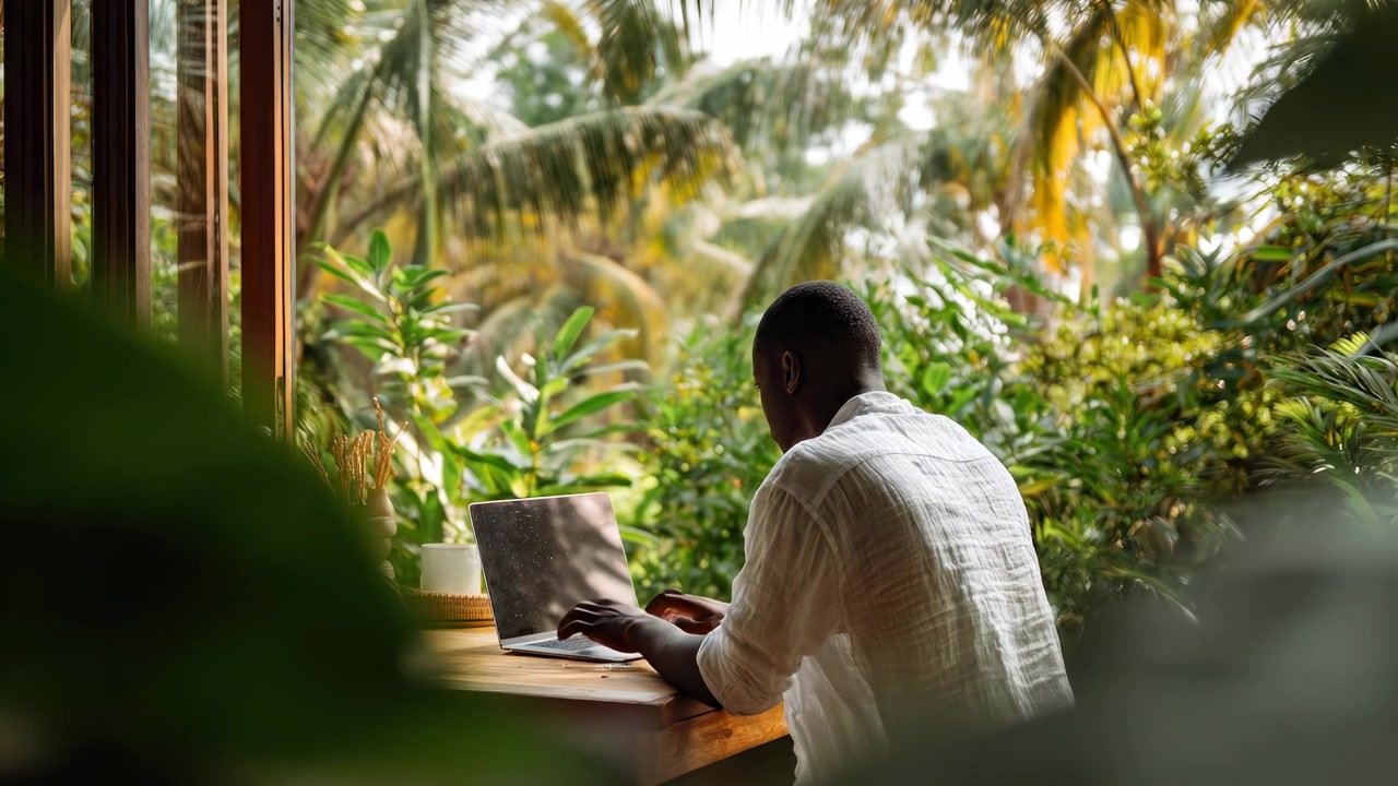 Man Working on Laptop in Tropical Garden Setting