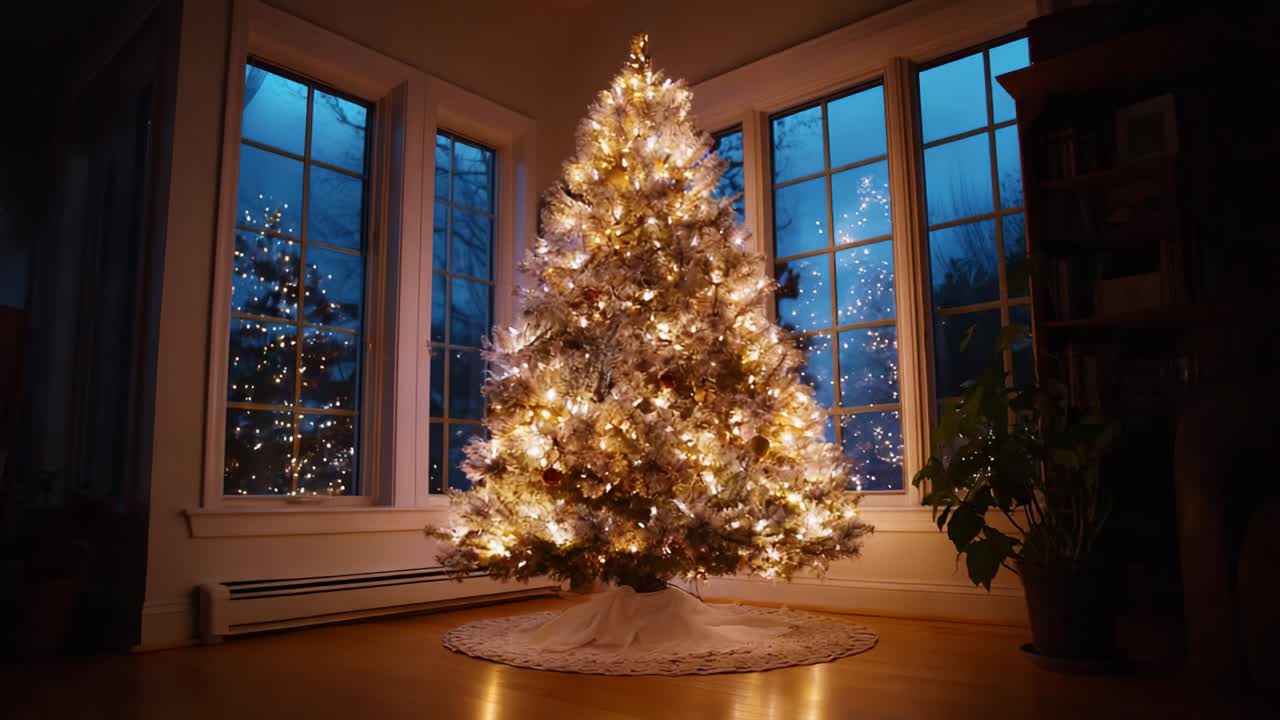 A Beautifully Decorated Christmas Tree Adorned with Twinkling Lights and Ornaments, Illuminating the Cozy Living Room with a Warm Holiday Glow During the Evening
