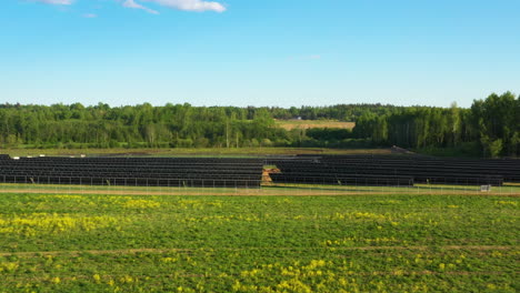 Extensive-Solar-Panel-Farm-on-Green-Field-in-Aerial-Approaching-view