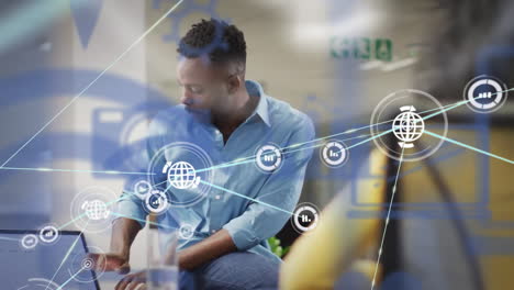 animation of network of connections over african american businessman in office
