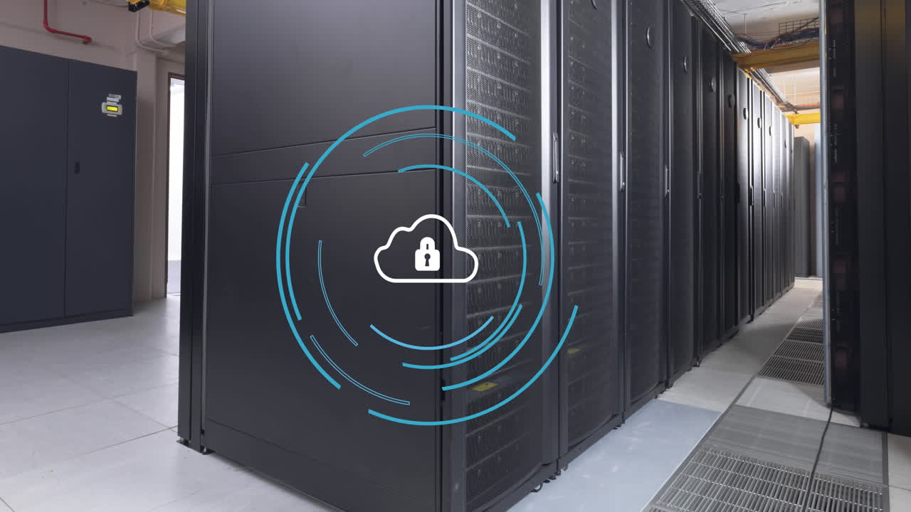 Animation of cloud with padlock icon and circles over server room
