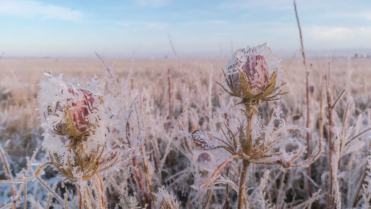 Moving camera gently shifting forward over field, revealing glinting frost on two thistle buds