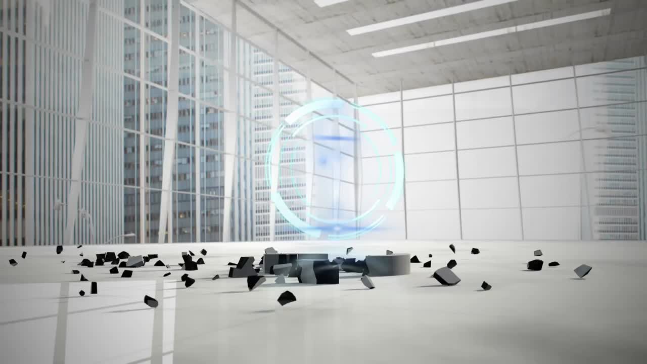 파운드 통화 기호가 떨어지고 사무실에 부 ⁇ 히는 네온 둥근 스캐너