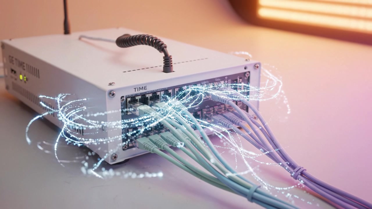 Innovative Network Switch with Colorful Cables and Dynamic Visual Effects Showcasing Data Flow and Connectivity in a Modern Digital Environment