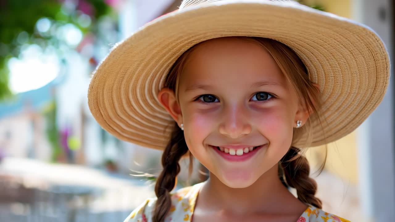 Adorable little girl with braided hair and straw hat smiles happily for the camera, her cheerful expression radiating joy and innocence against a blurred outdoor background